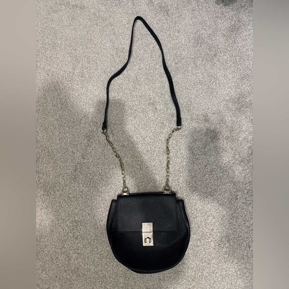 Express Black Leather Crossbody Bag with Gold Hardware
